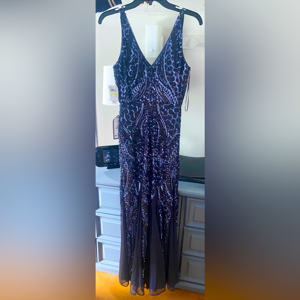 Nightway Blue gunmetal beaded dress